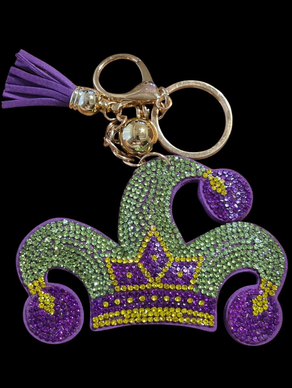 Embellished Mardi Gras Jester Hat Bag Charm Keychain - Purple & Green
